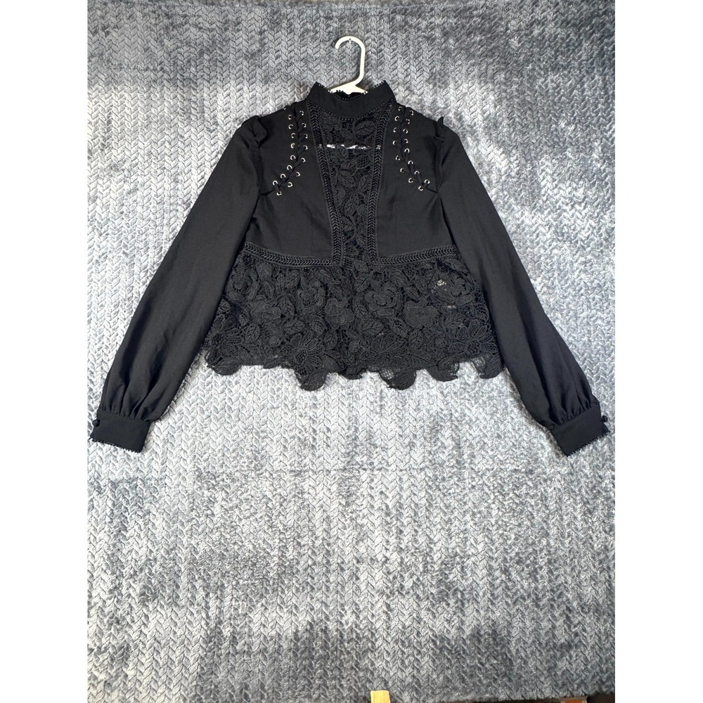 Self-Portrait Guipure Lace Eyelet Peplum Top Womens 4 Black Lace Up High Neck